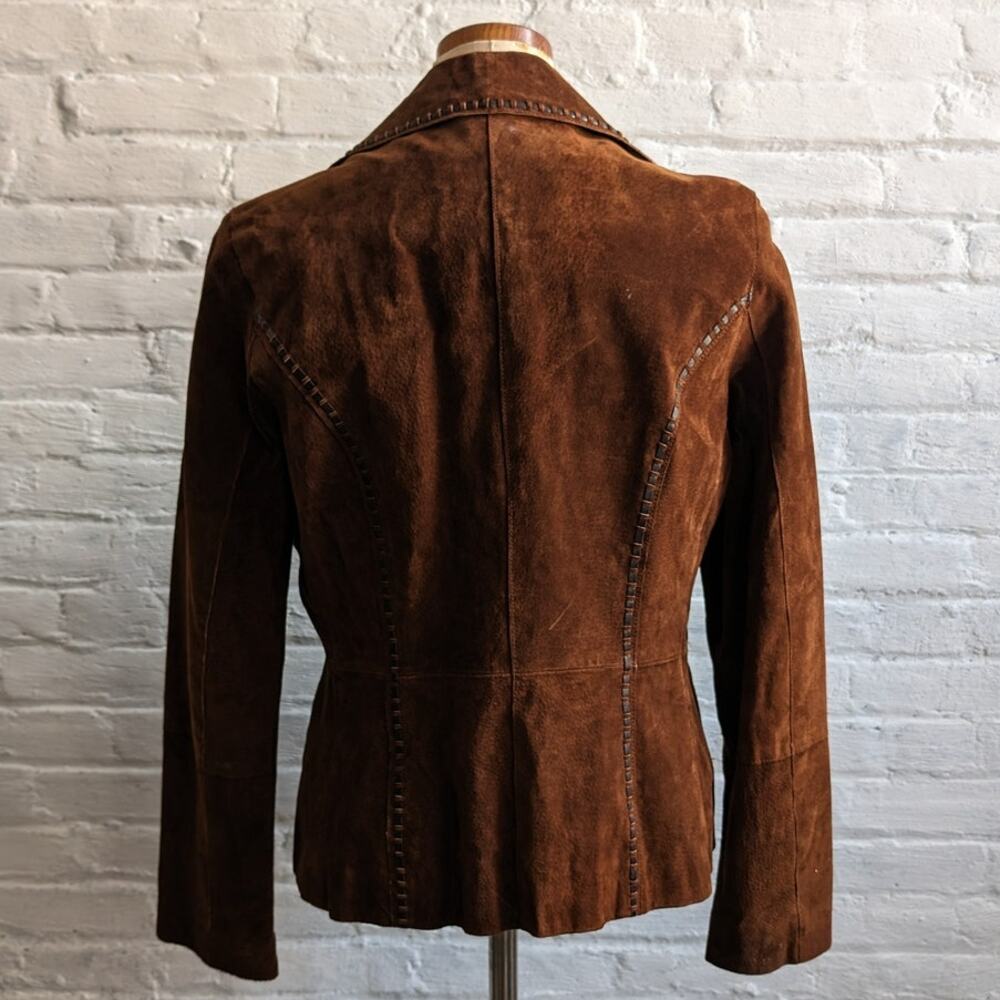 Y2K Brown Suede Leather Jacket Boho Western Minimalist Rust Biker Cowgirl Blazer - Picture 8 of 10